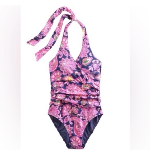 Boden Levanzo Ruched Halter One Piece Swim Suit Pink Navy Print NEW with Tags - Picture 6 of 7